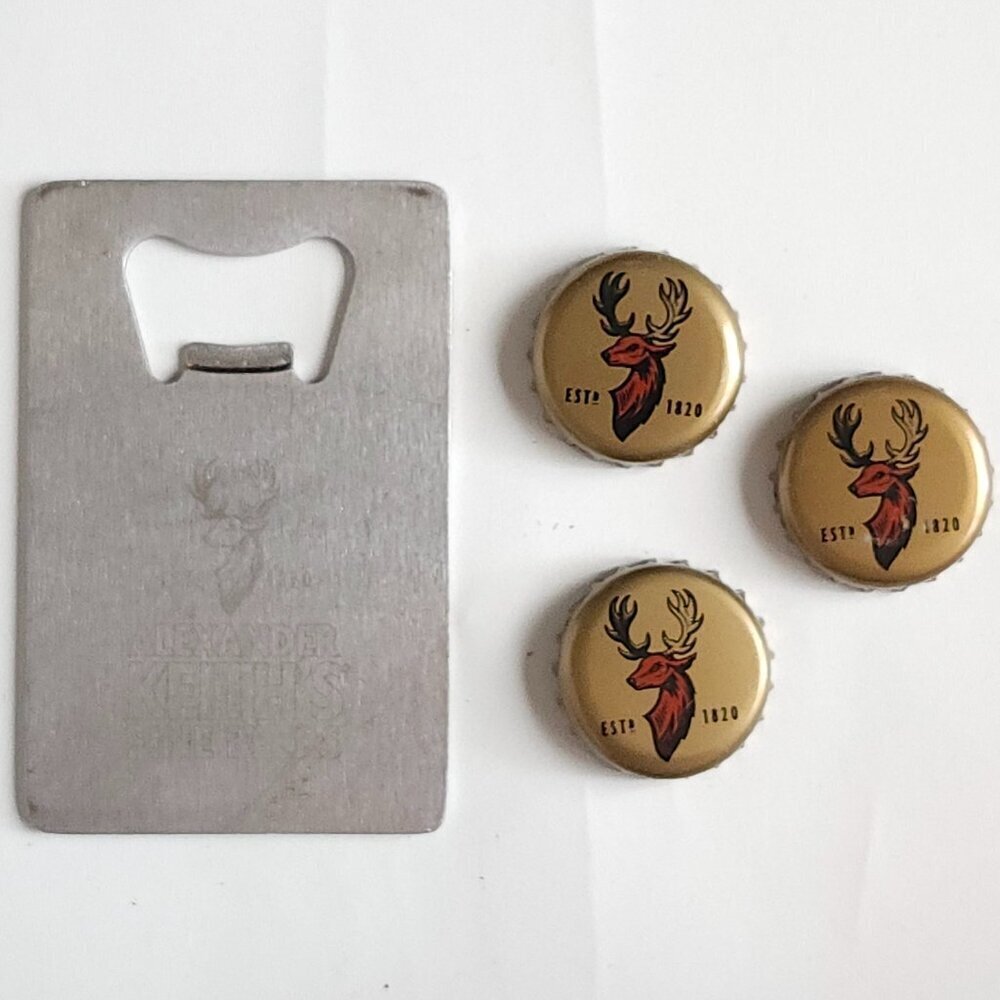 ALEXANDER KEITH'S FINE BEERS BOTTLE OPENER WITH 3 BOTTLE CAPS LOT